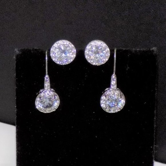 Not branded Jewelry - 2 Pairs Sterling Silver CZ Halo Earrings Cut-Out Settings